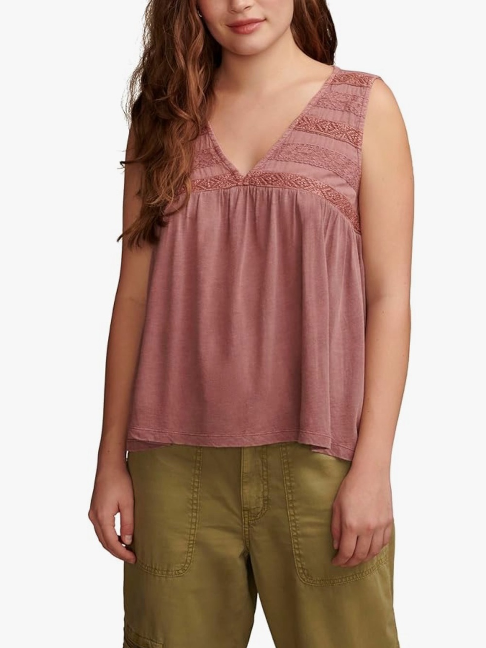 Lucky Brand Sleeveless V-Neck Lace Yoke Tank Top - Dusty Rose